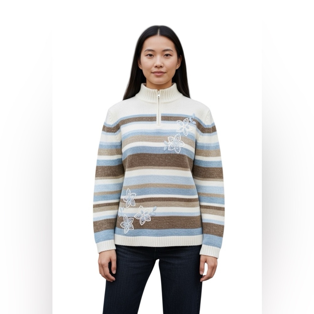 Alfred Dunner Women's Striped Sweater - Cream, Blue, Brown Size M
